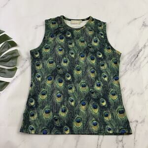 Hennes Womens Vintage Y2k Tank Top Size M Green Blue Peacock Feather Print